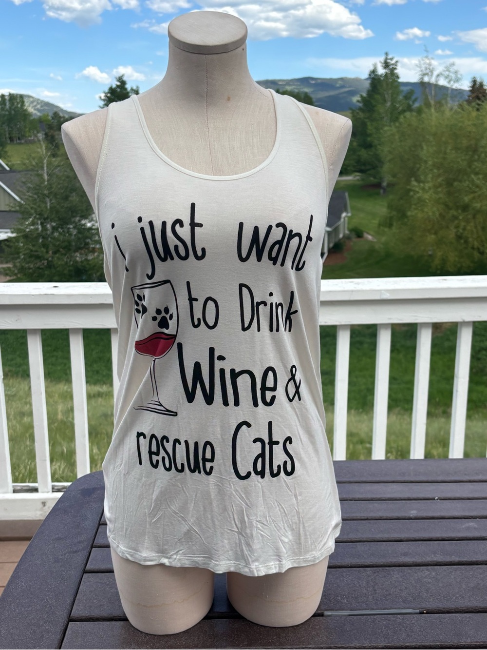 Bear Dance White Tank Top with Black Script & Red Wine Accent